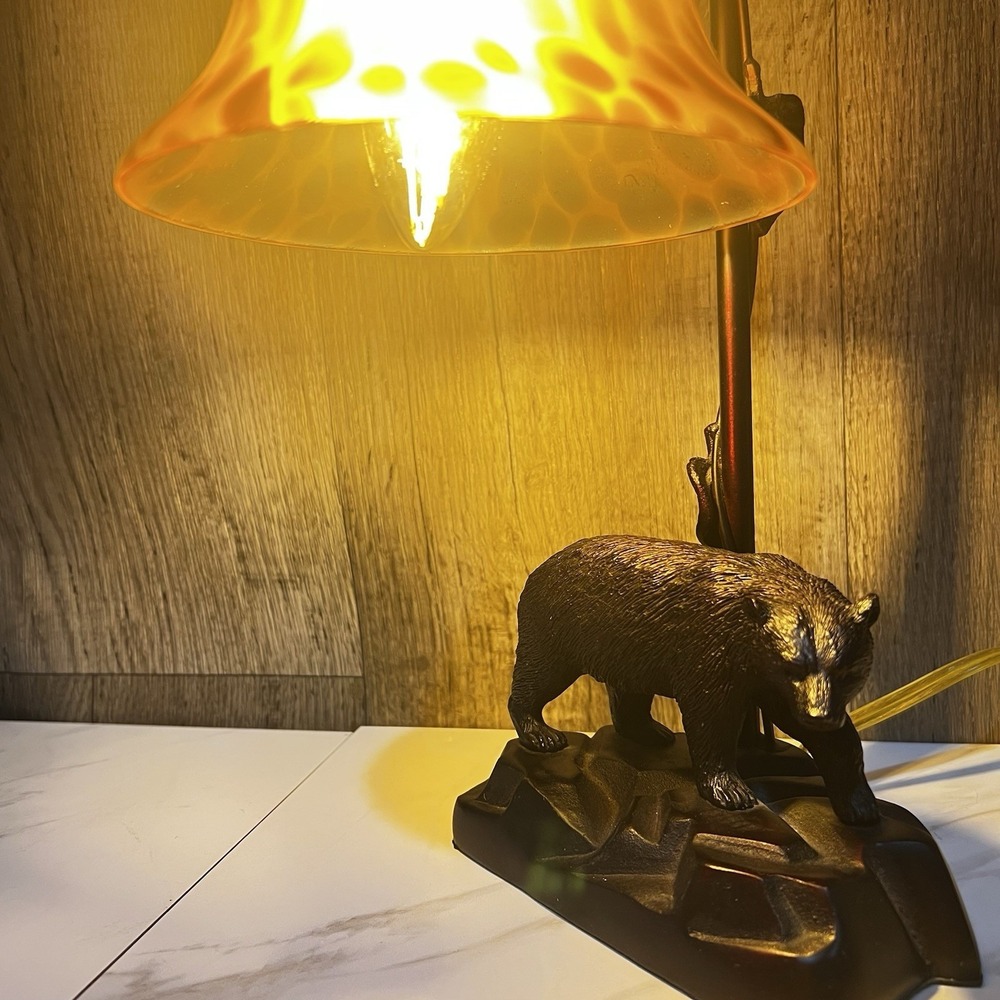 Vtg Art Nouveau/Liberty Metal Bear Lamp Amber Glass Shade MINT Cabin/Lake Decor - Picture 2 of 8